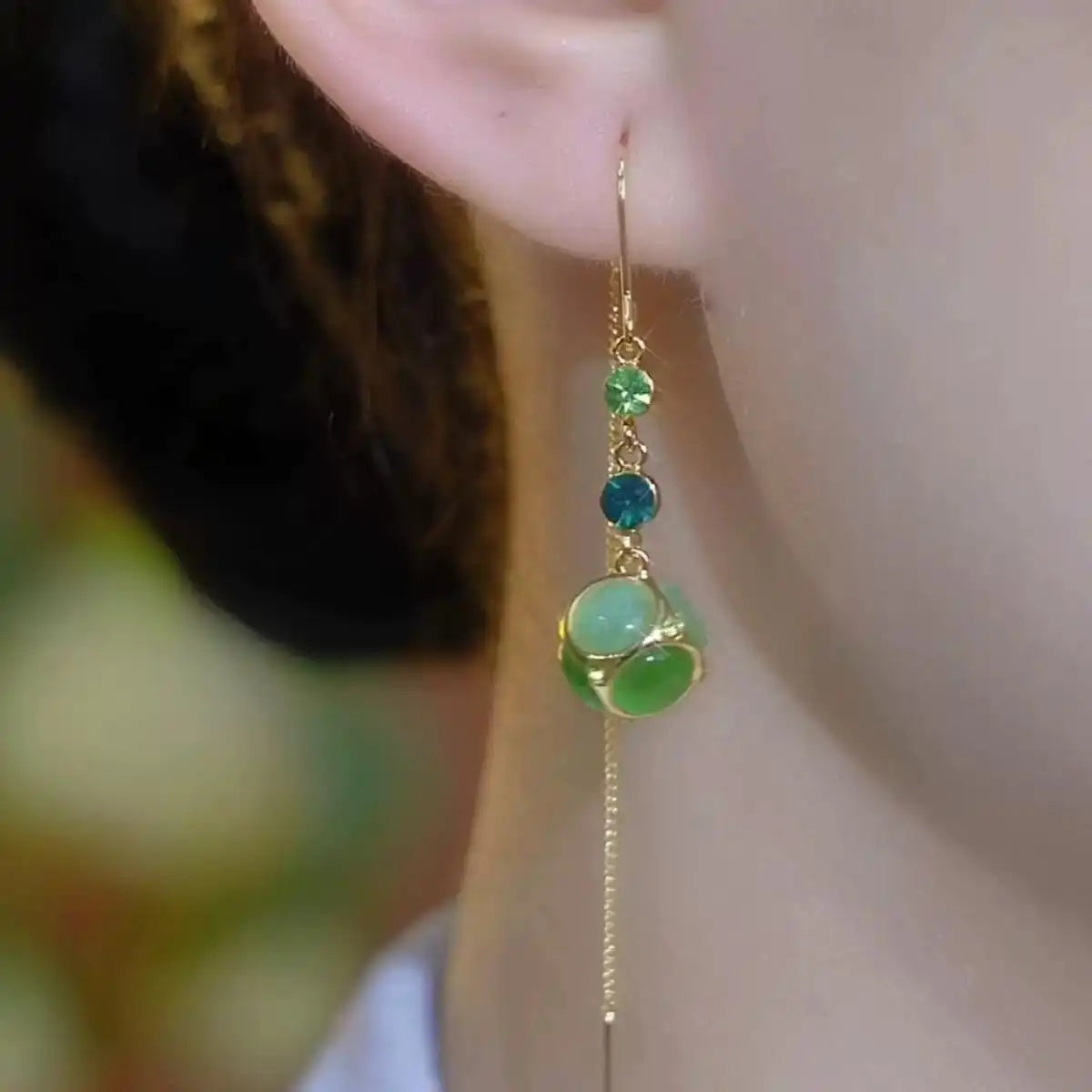 Green Cat Eye Tassel Drop Earrings