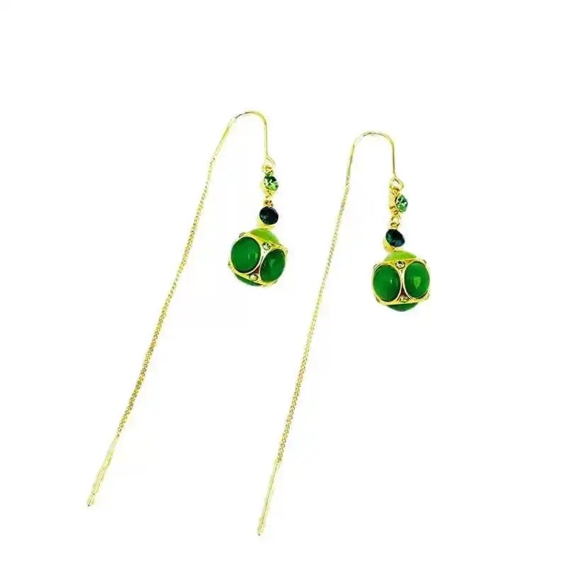 Green Cat Eye Tassel Drop Earrings