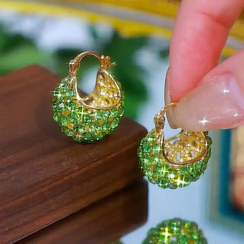 Green Crystal Basket Hoop Earrings
