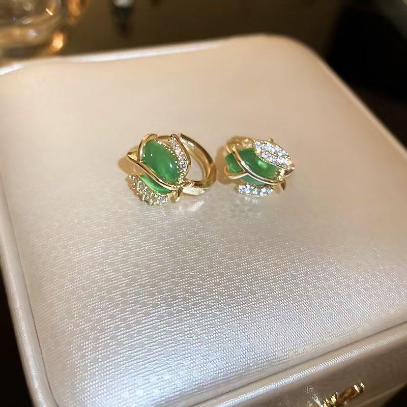 Green Crystal Cat Eye Tulip Earrings