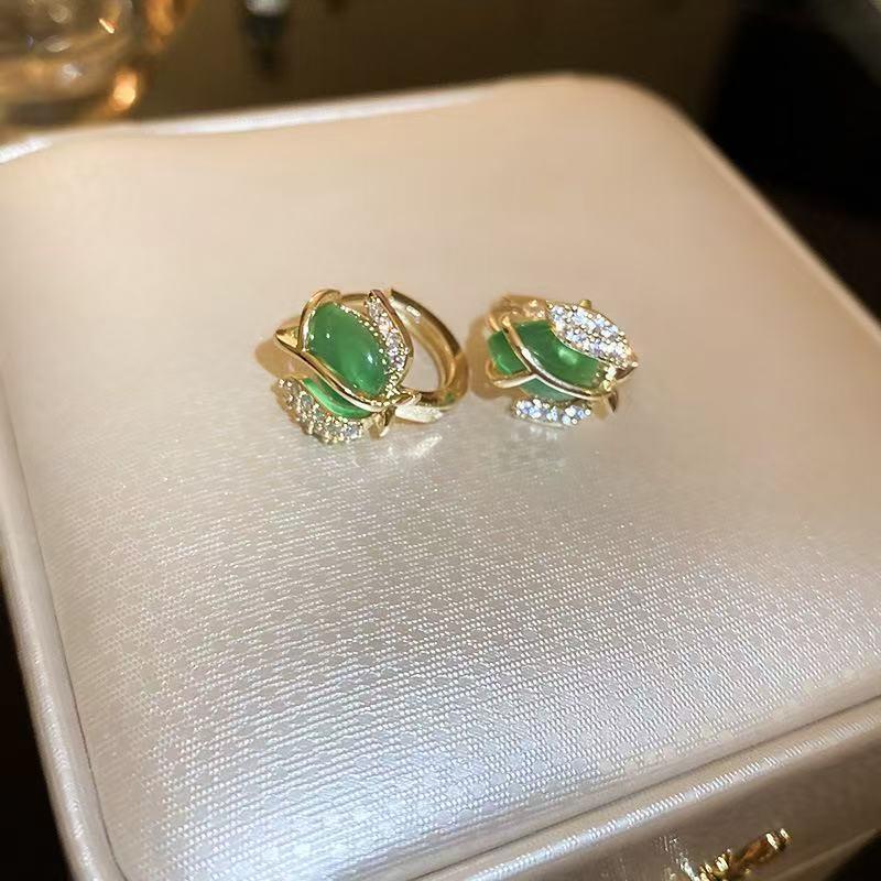 Green Crystal Cat Eye Tulip Earrings