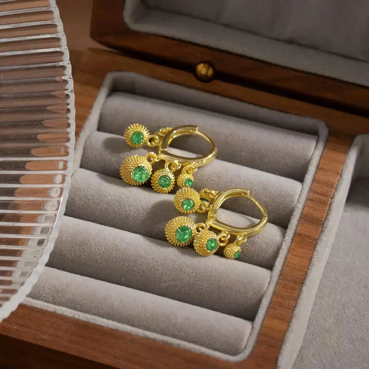 Green Crystal Durian Ball Hoop Earrings