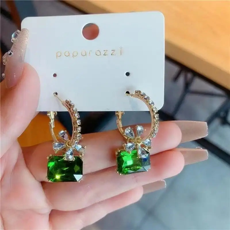 Green Crystal Flower Hoop Earrings