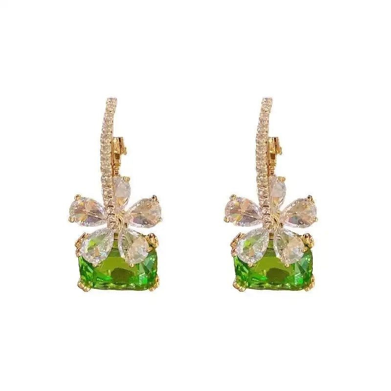 Green Crystal Flower Hoop Earrings