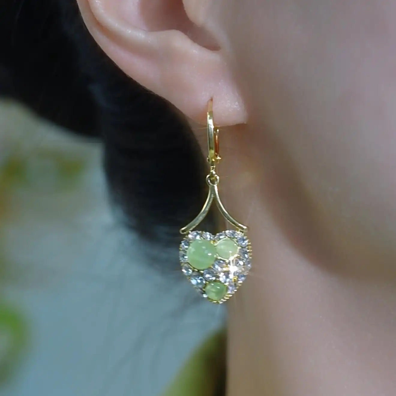 Green Crystal Heart Drop Earrings