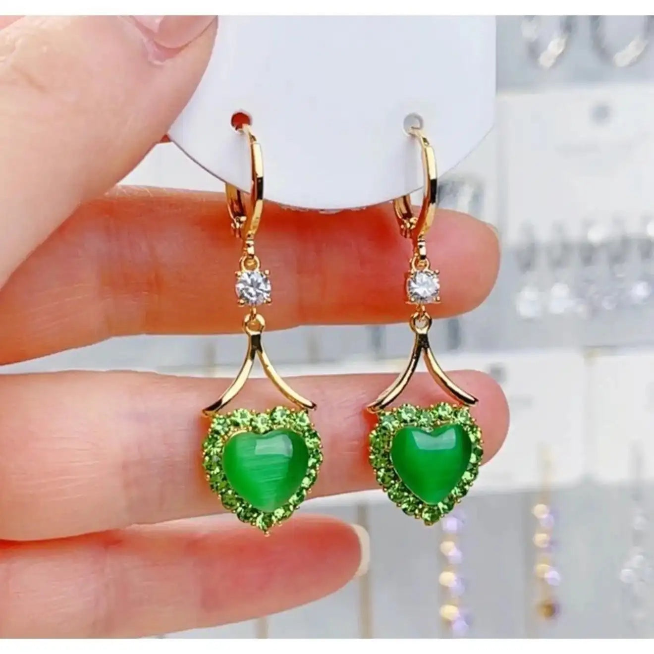 Green Crystal Heart Hoop Earrings
