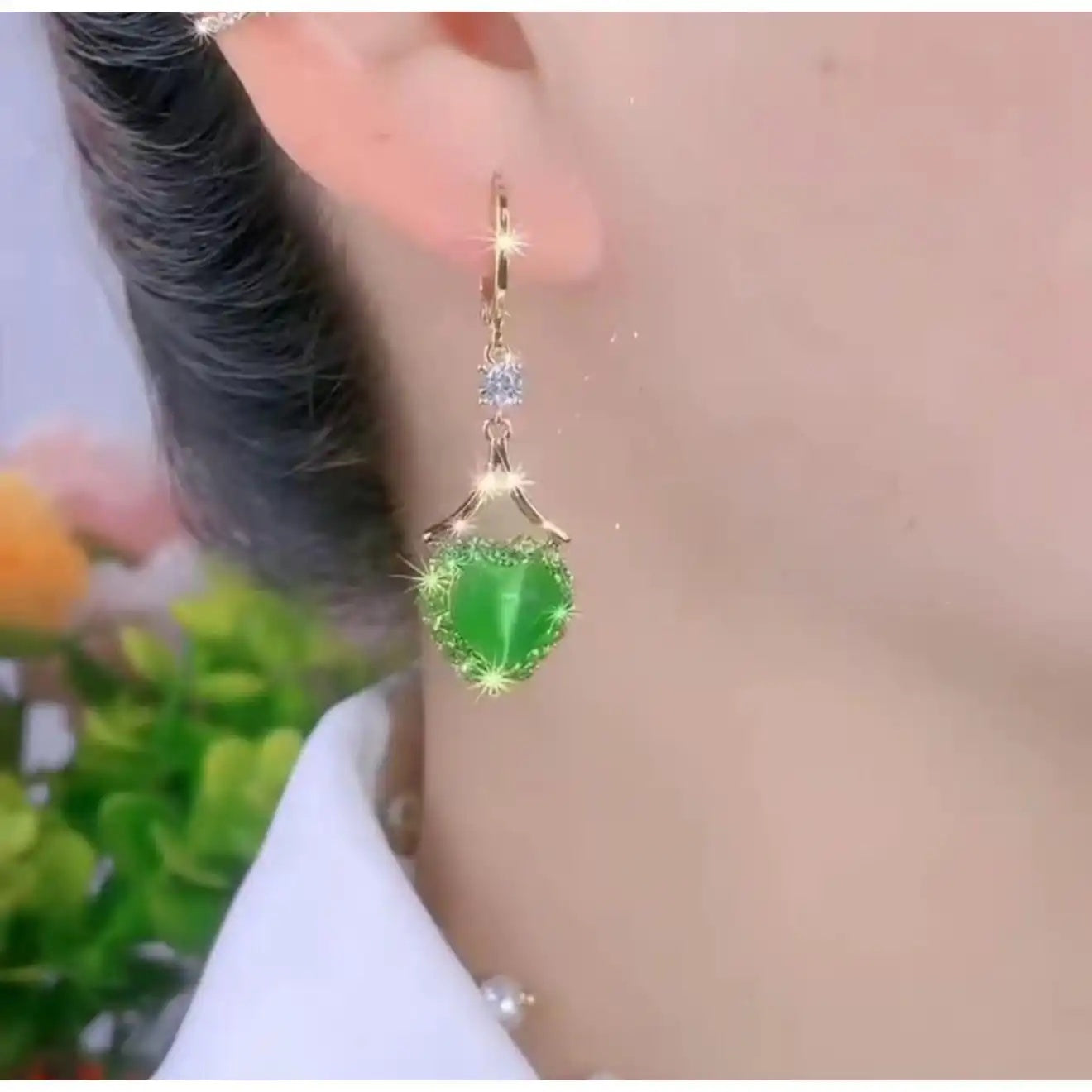 Green Crystal Heart Hoop Earrings