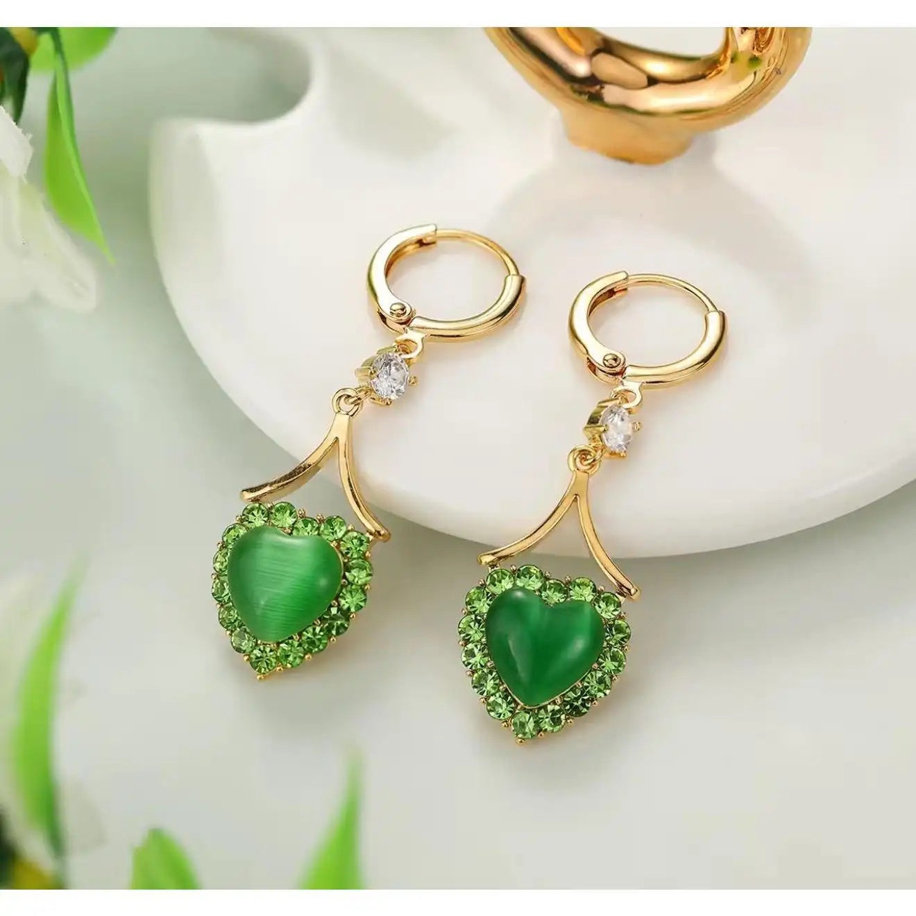 Green Crystal Heart Hoop Earrings