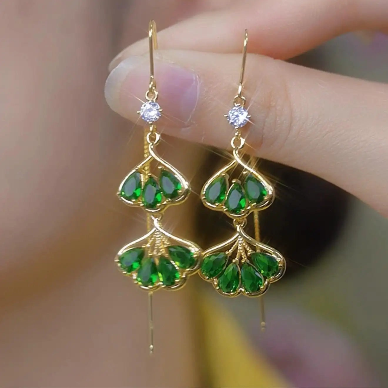 Green Crystal Leaf Drop Earrings