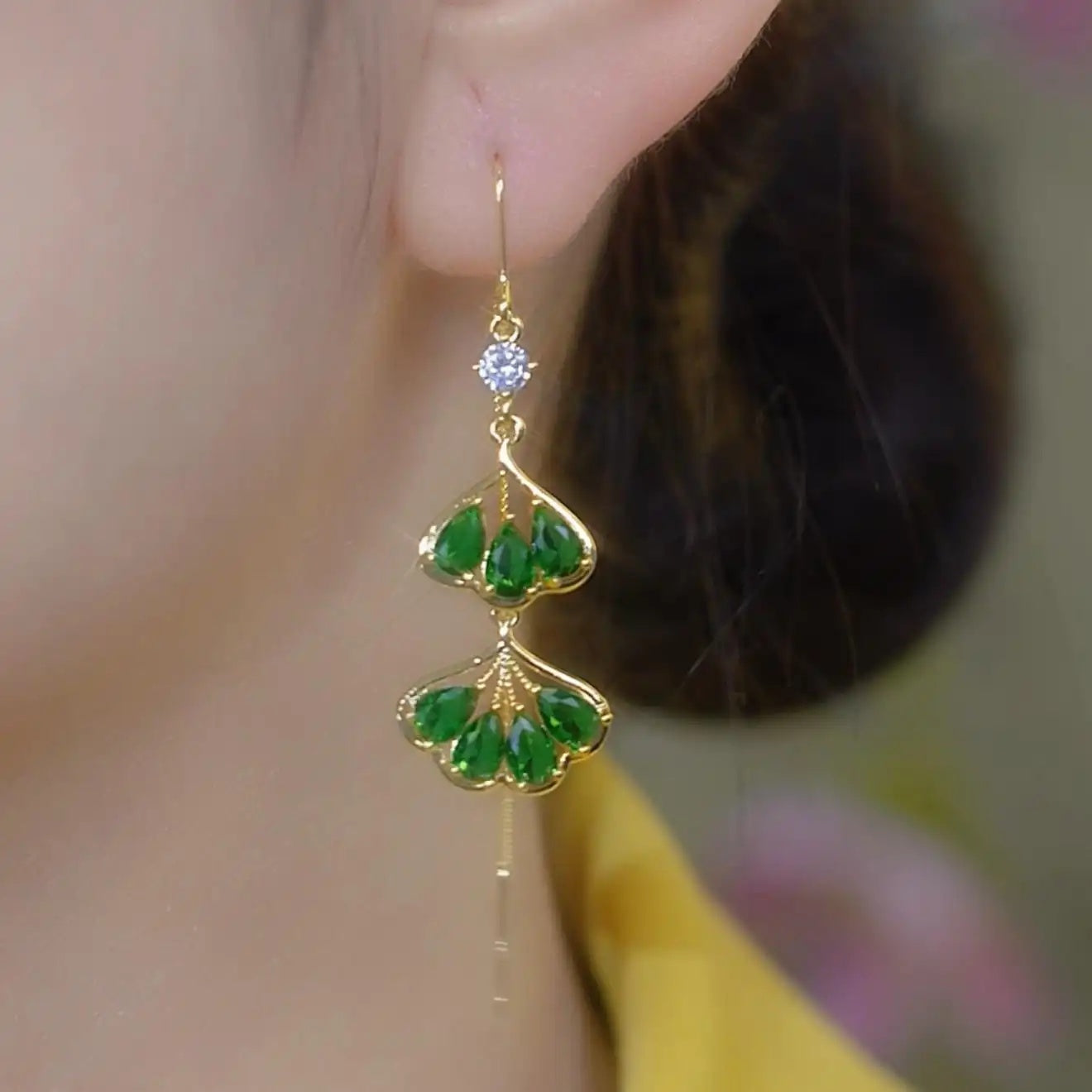 Green Crystal Leaf Drop Earrings