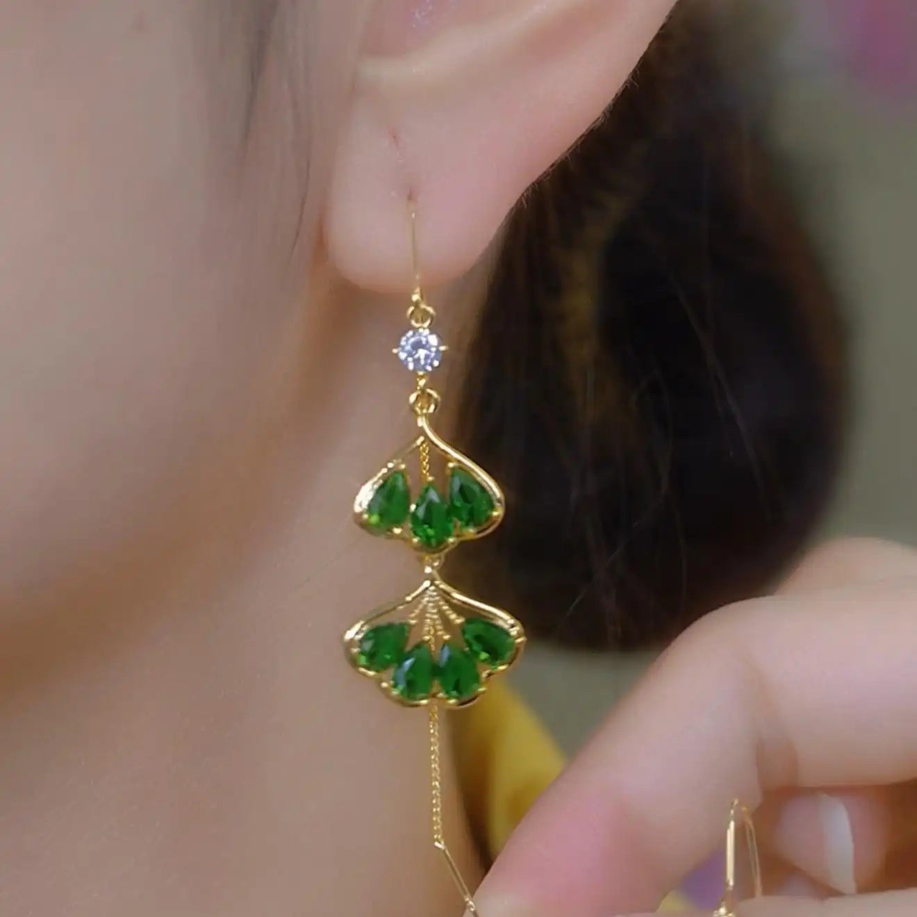 Green Crystal Leaf Drop Earrings