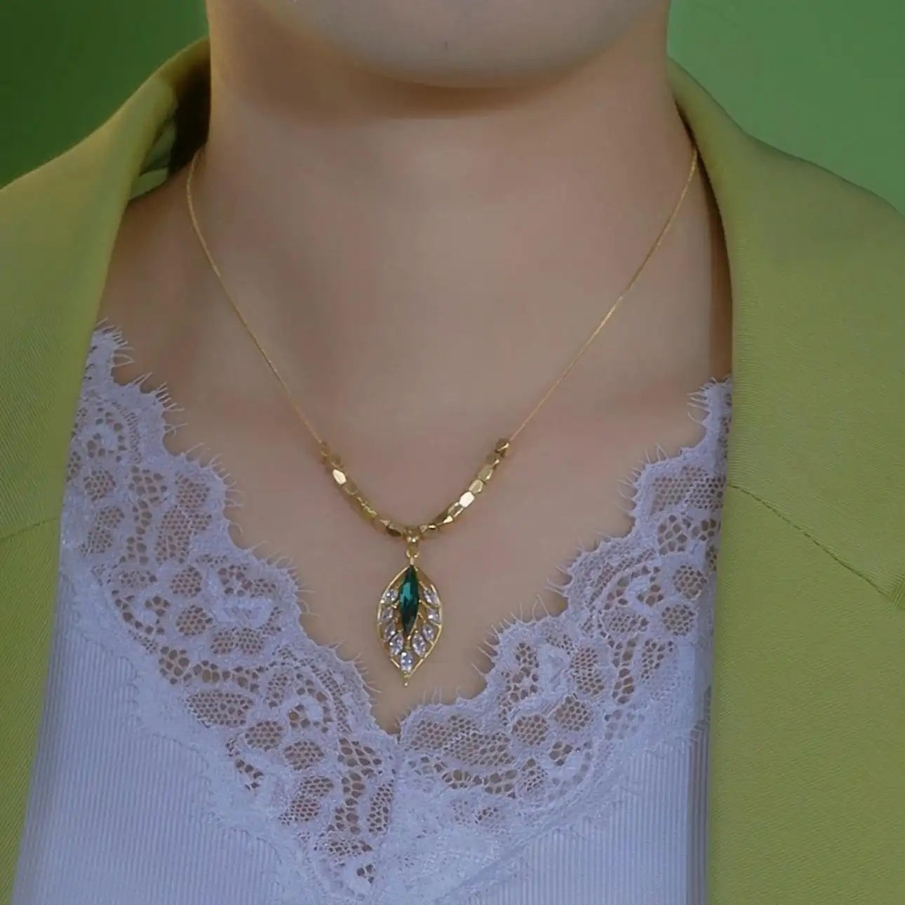 Green Crystal Leaf Pendant Necklace