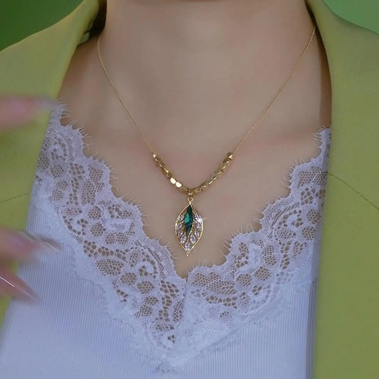 Green Crystal Leaf Pendant Necklace