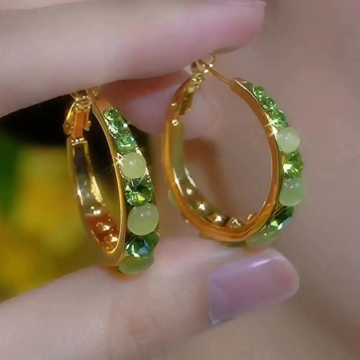Green Crystal Round Hoop Earrings