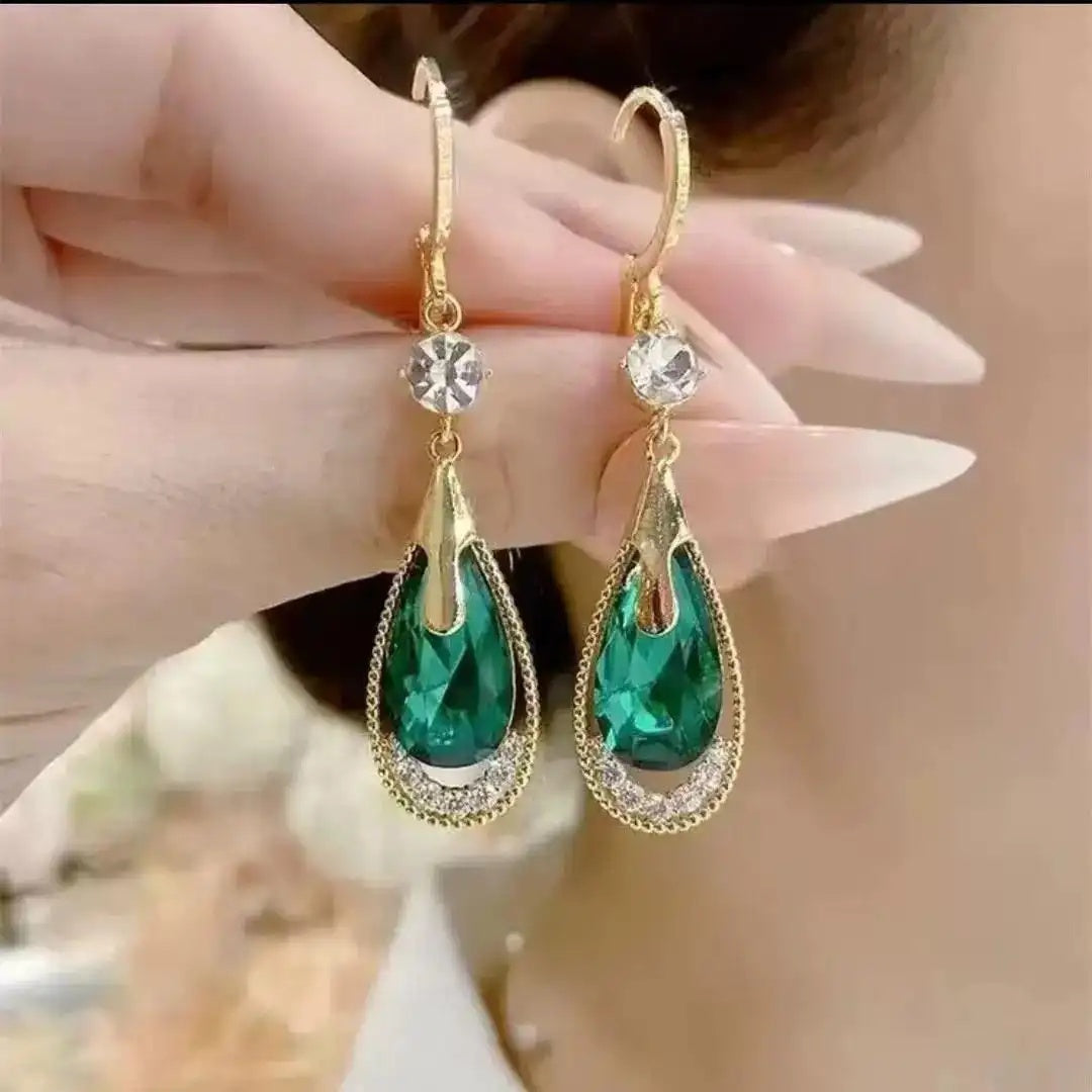 Green Crystal Teardrop Drop Earrings