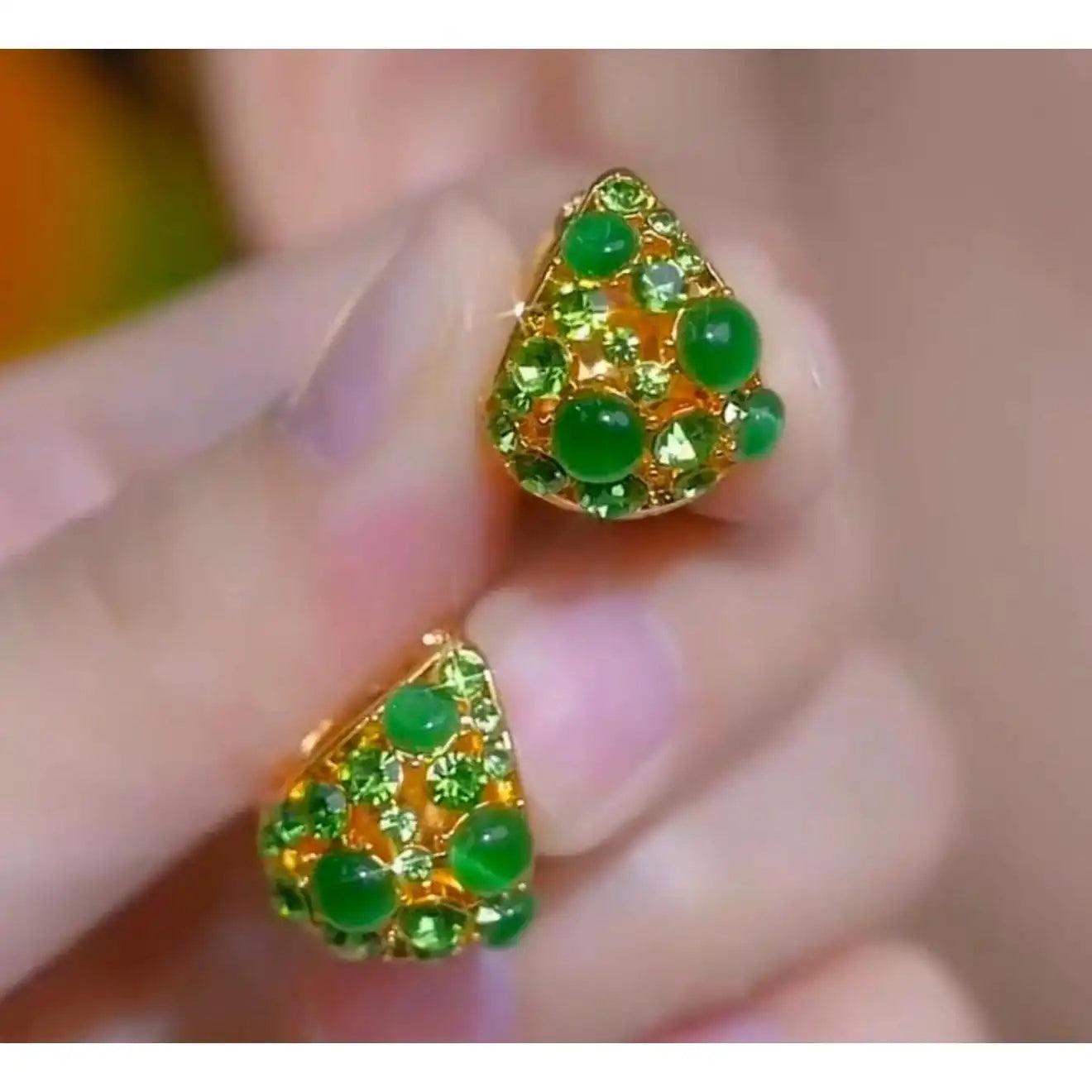 Green Crystal Teardrop Stud Earrings