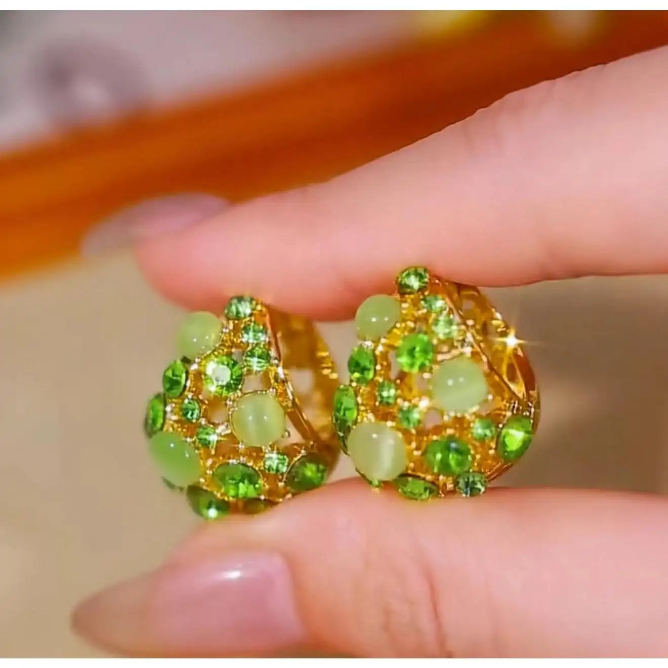Green Crystal Teardrop Stud Earrings