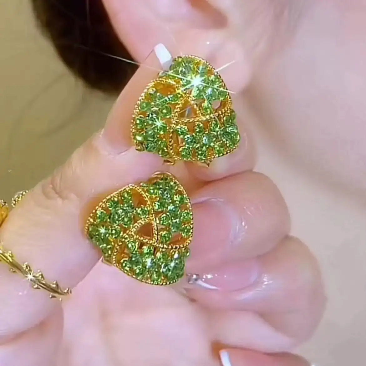 Green Crystal Triangle Hoop Earrings