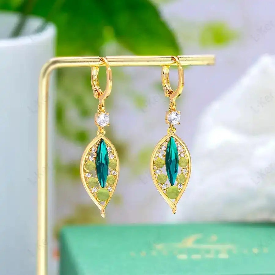 Green Enamel Leaf Drop Earrings