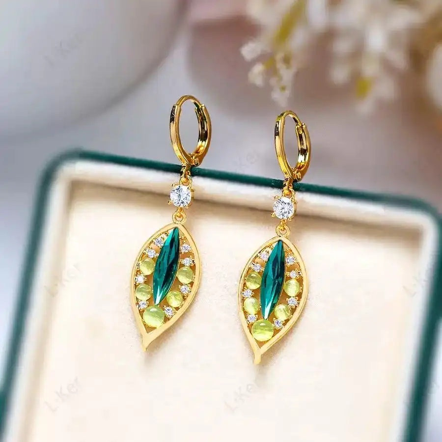 Green Enamel Leaf Drop Earrings