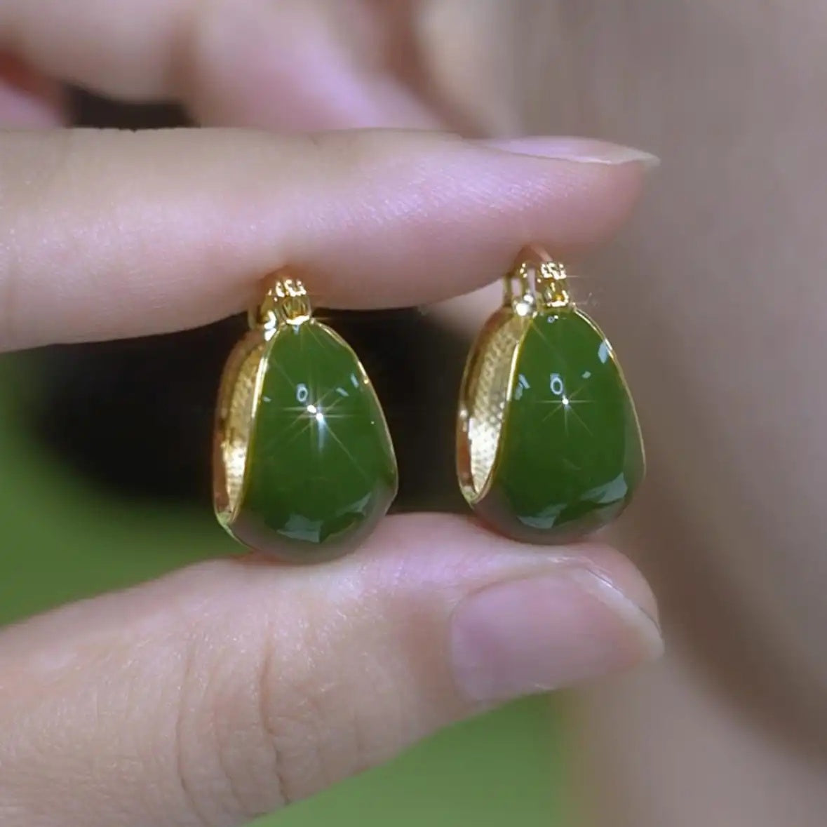 Green Enamel Teardrop Hoop Earrings