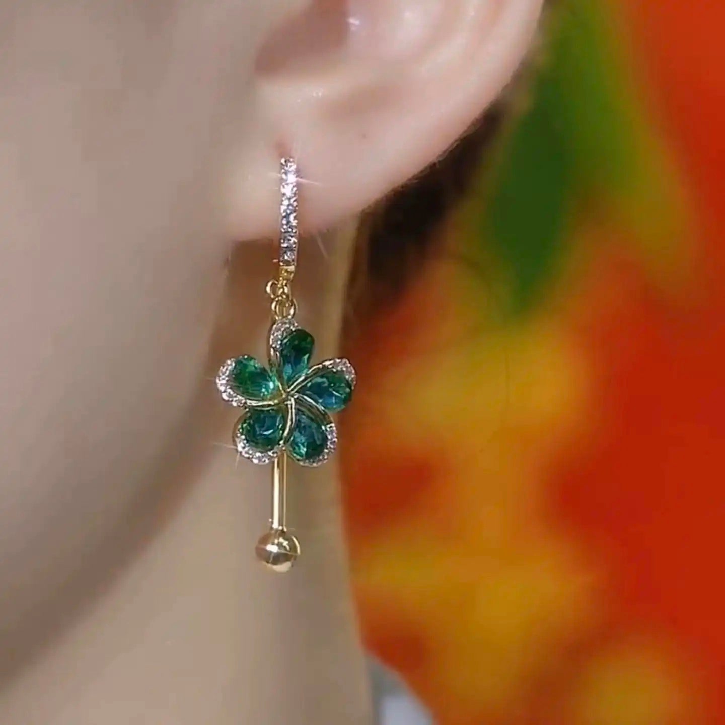 Green Flower Crystal Stud Earrings