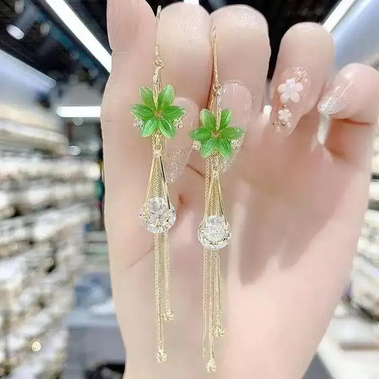 Green Flower Drop Earrings