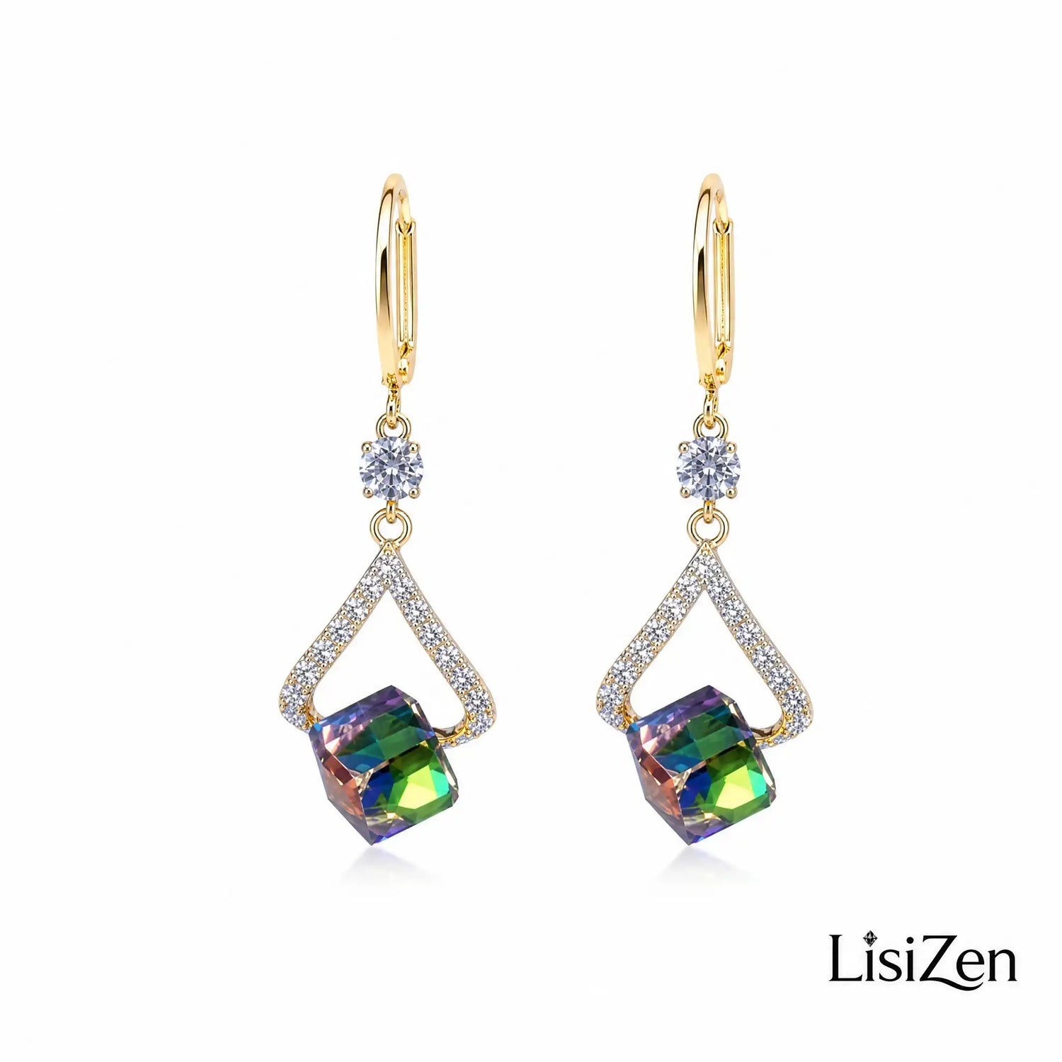 Green Geometric Crystal Drop Earrings