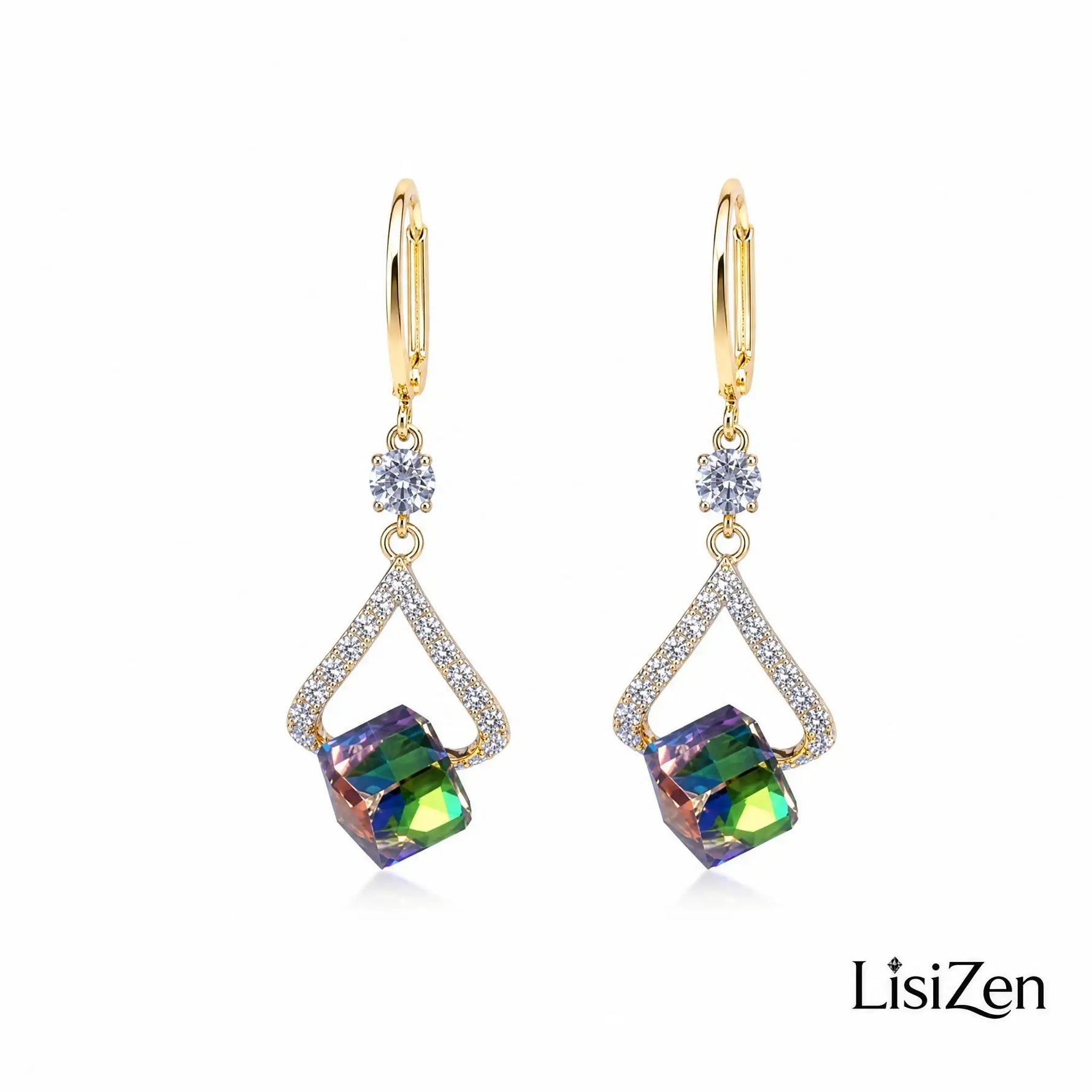 Green Geometric Crystal Drop Earrings