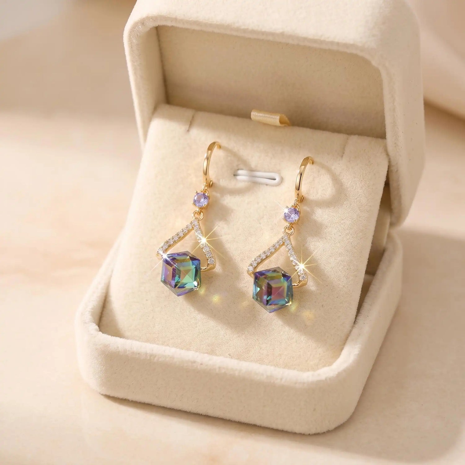 Green Geometric Crystal Drop Earrings