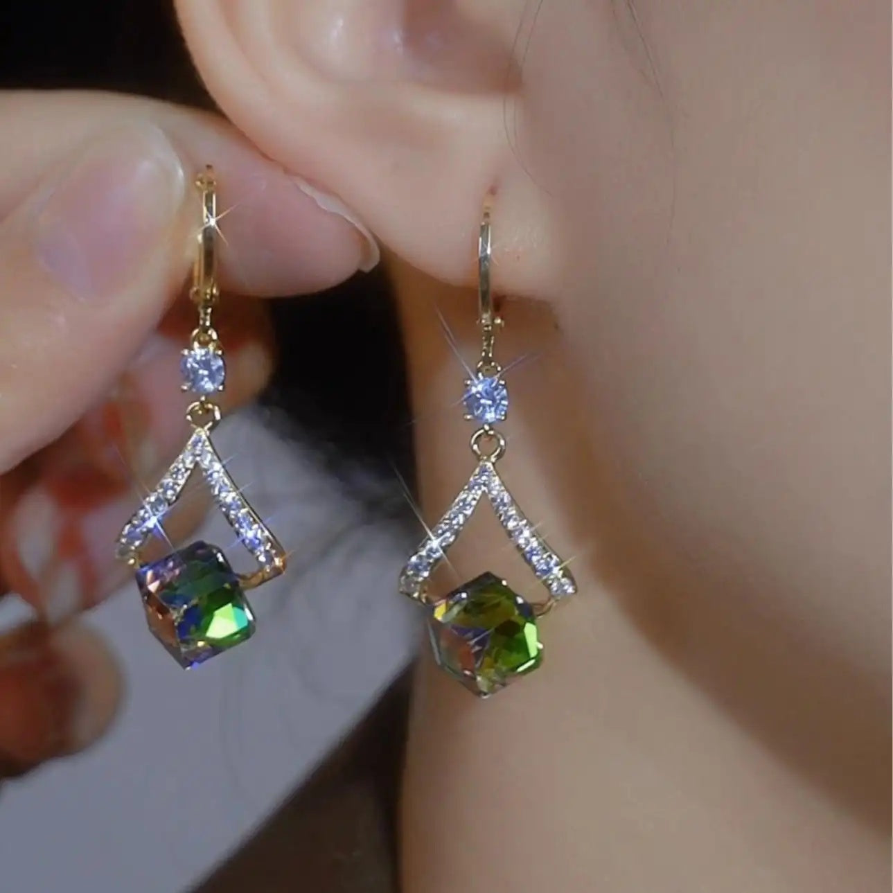 Green Geometric Crystal Drop Earrings