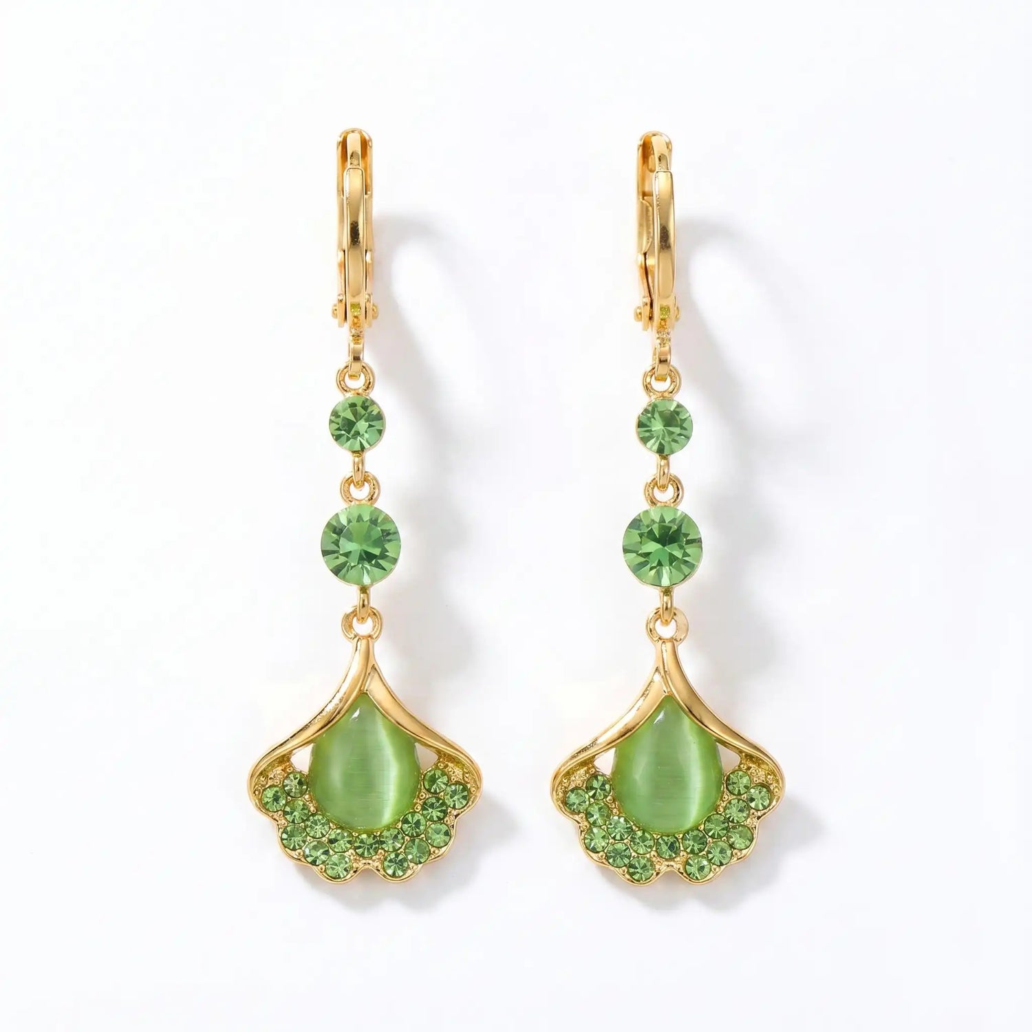 Green Ginkgo Leaf Cat Eye Drop Earrings