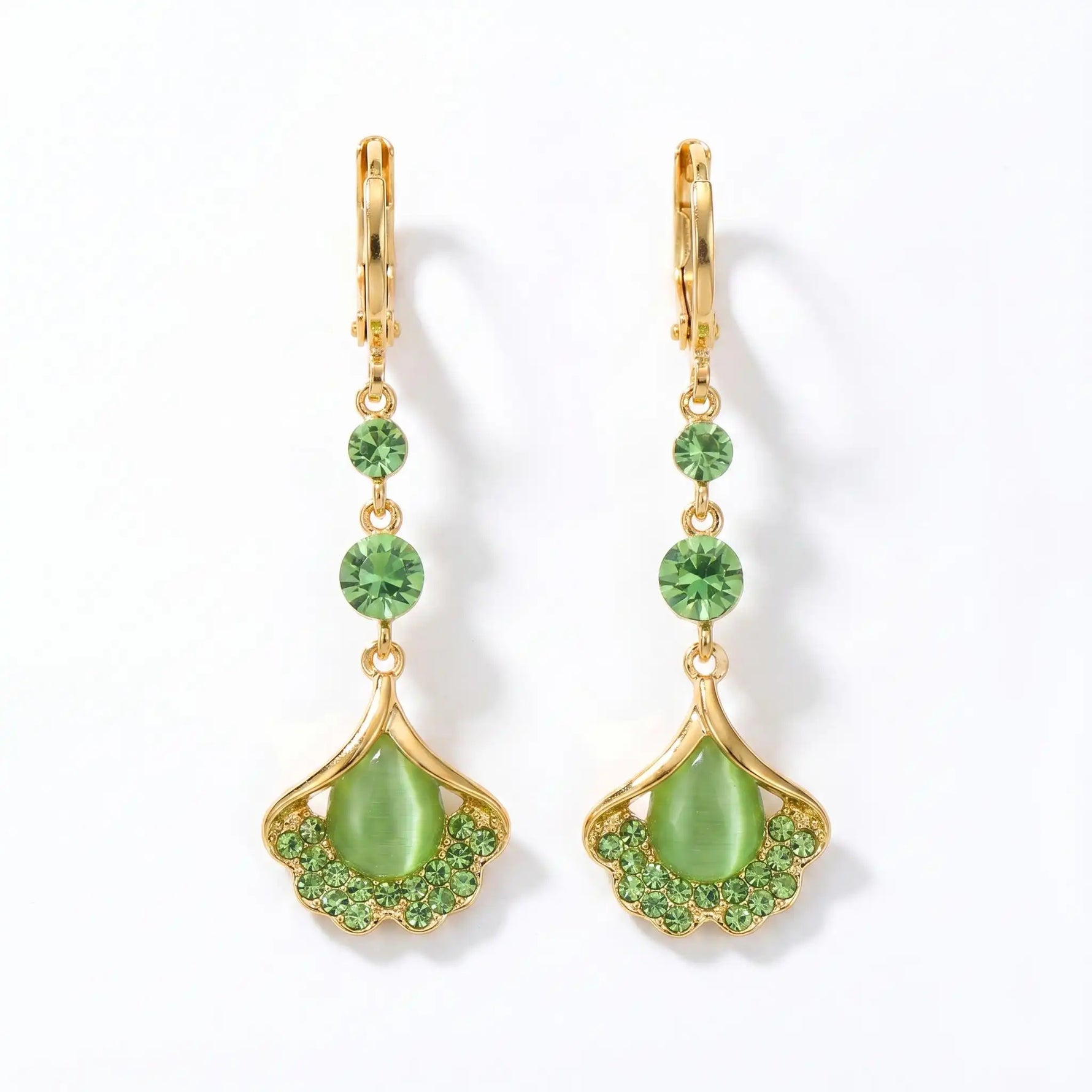 Green Ginkgo Leaf Cat Eye Drop Earrings