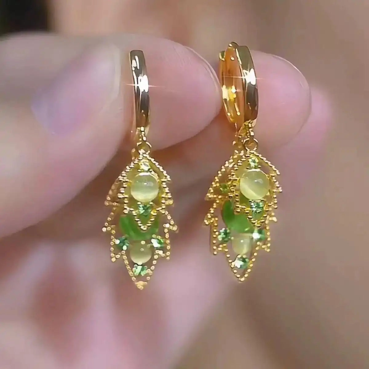 Green Leaf Hollow Double-Layer Hoop Earrings