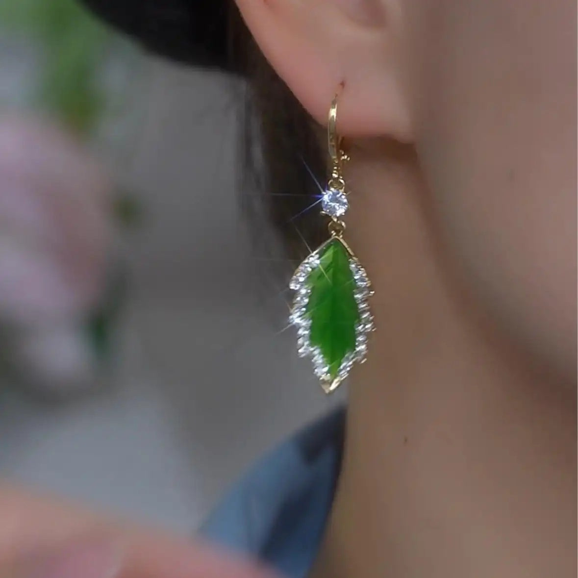 Green Red Crystal Leaf Drop Earrings