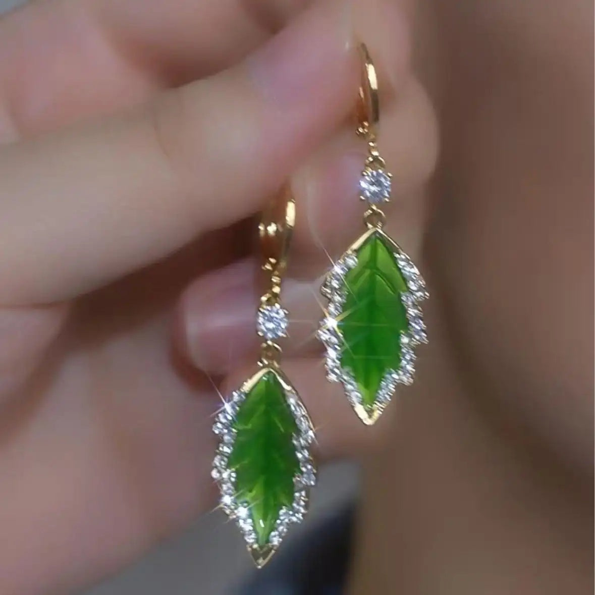Green Red Crystal Leaf Drop Earrings
