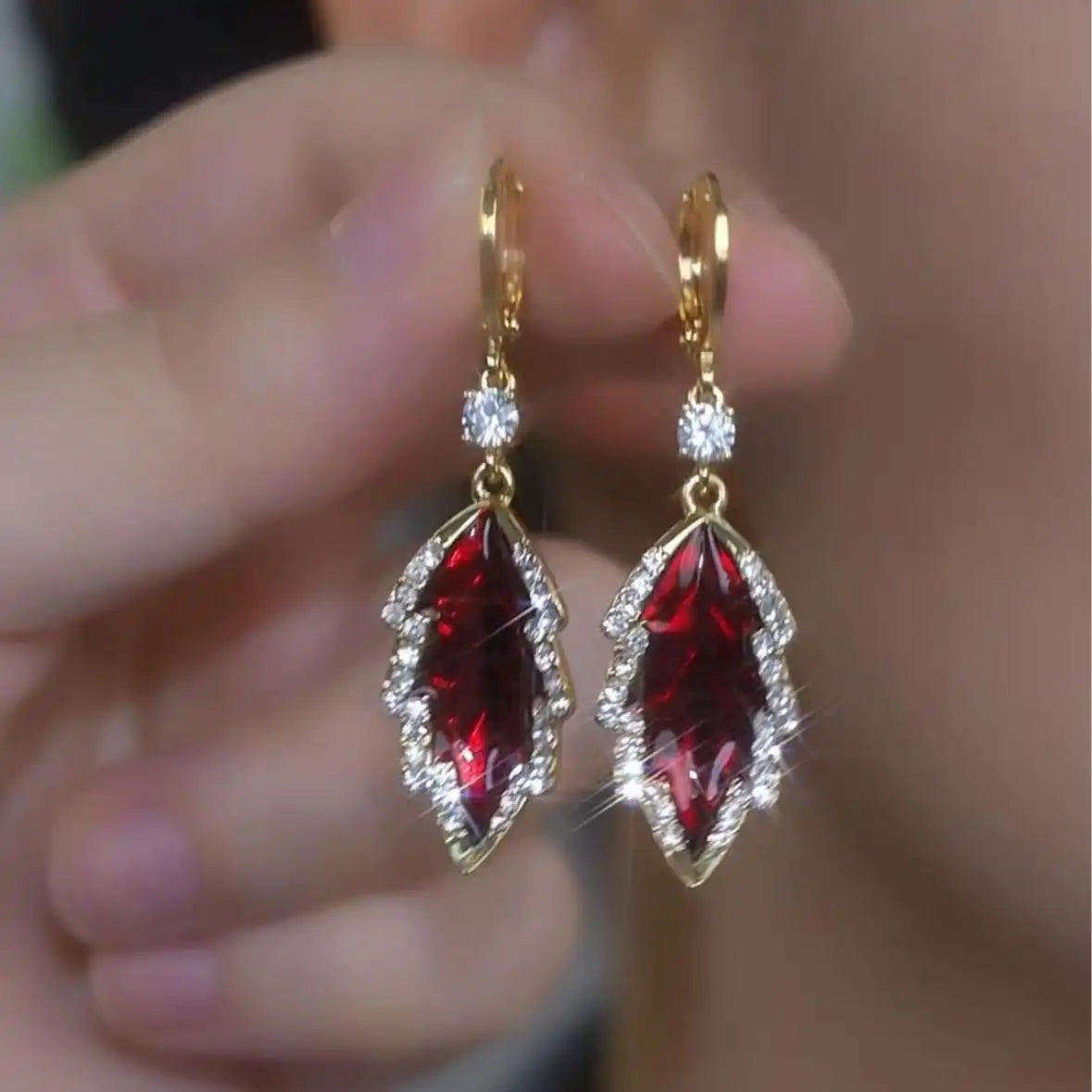 Green Red Crystal Leaf Drop Earrings
