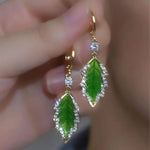 Green Red Crystal Leaf Drop Earrings