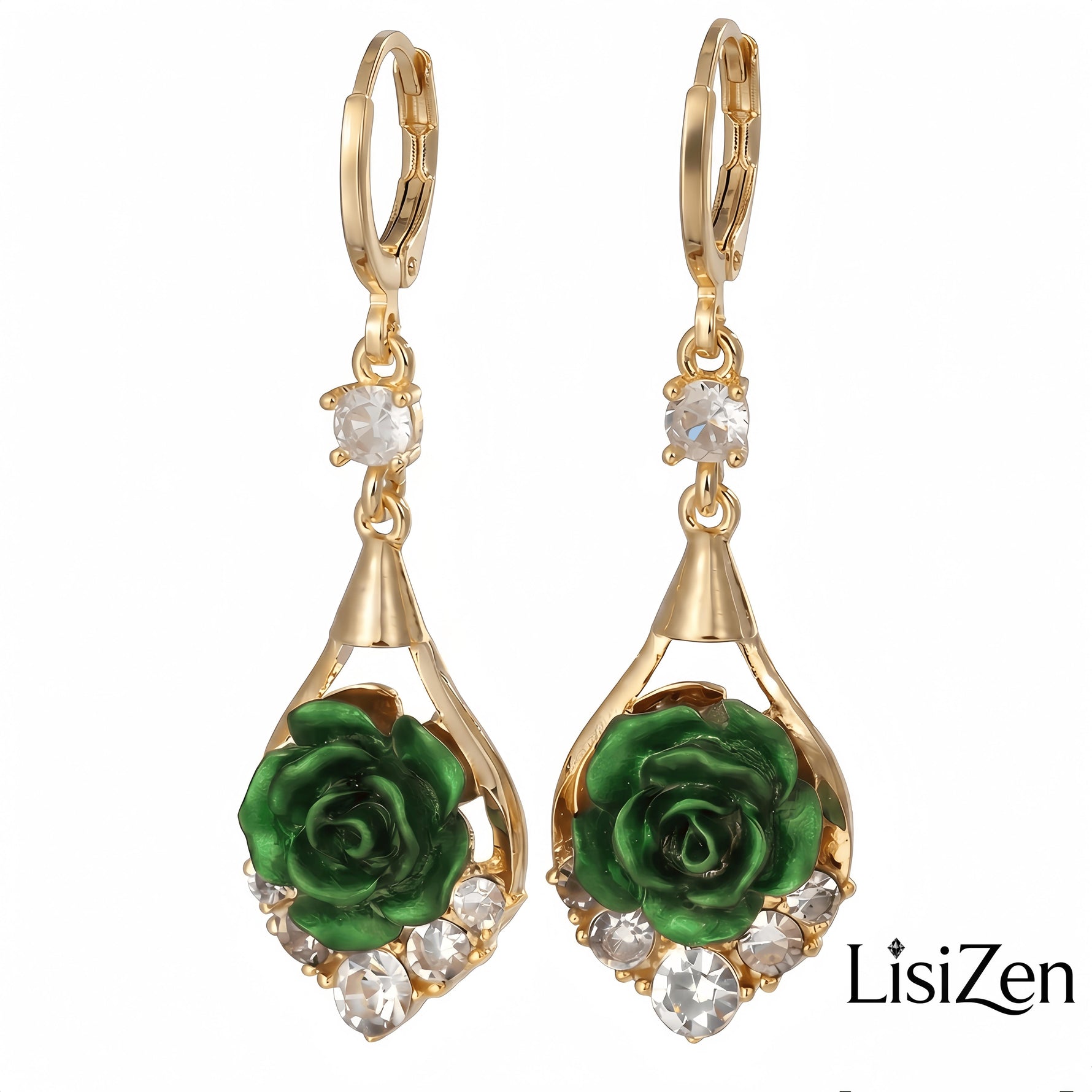 Green Rose Crystal Drop Earrings