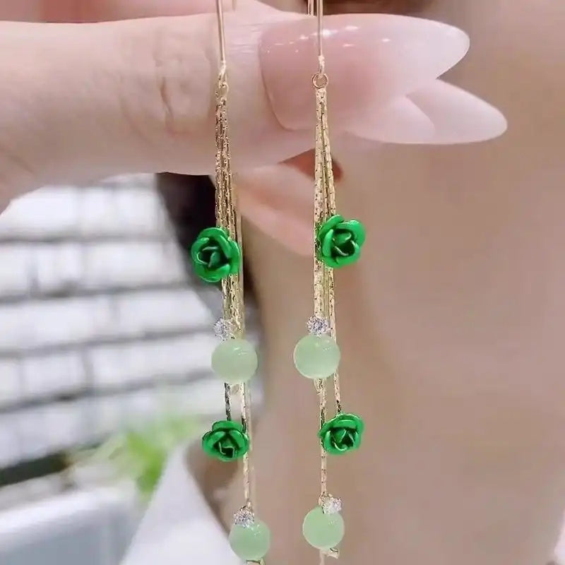 Green Rose Flower Tassel Drop Earrings