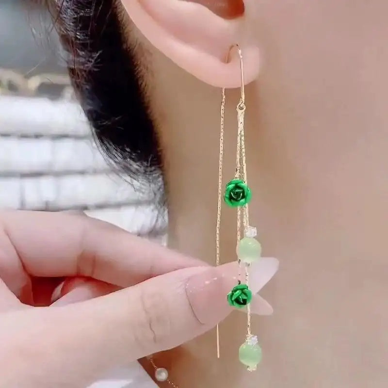 Green Rose Flower Tassel Drop Earrings