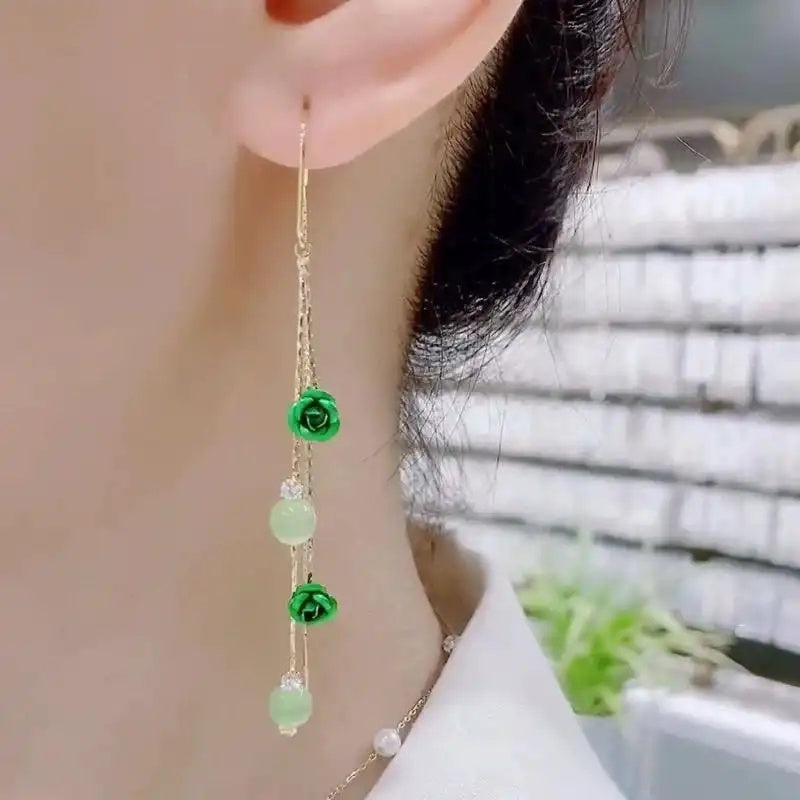 Green Rose Flower Tassel Drop Earrings