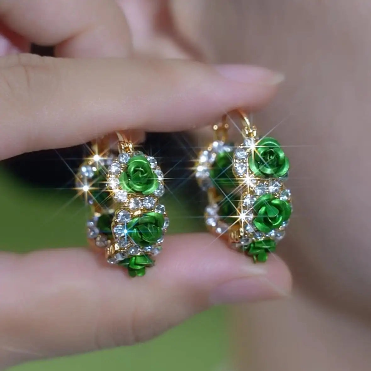 Green Rose Hoop Earrings
