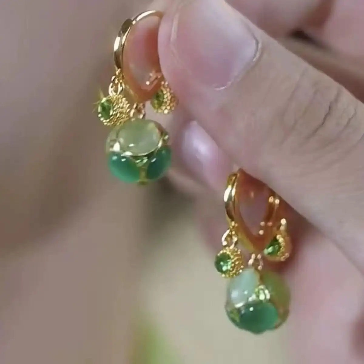 Green Round Bead Drop Earrings