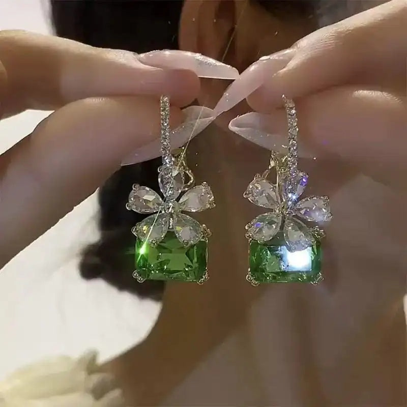 Green Square Crystal Drop Earrings