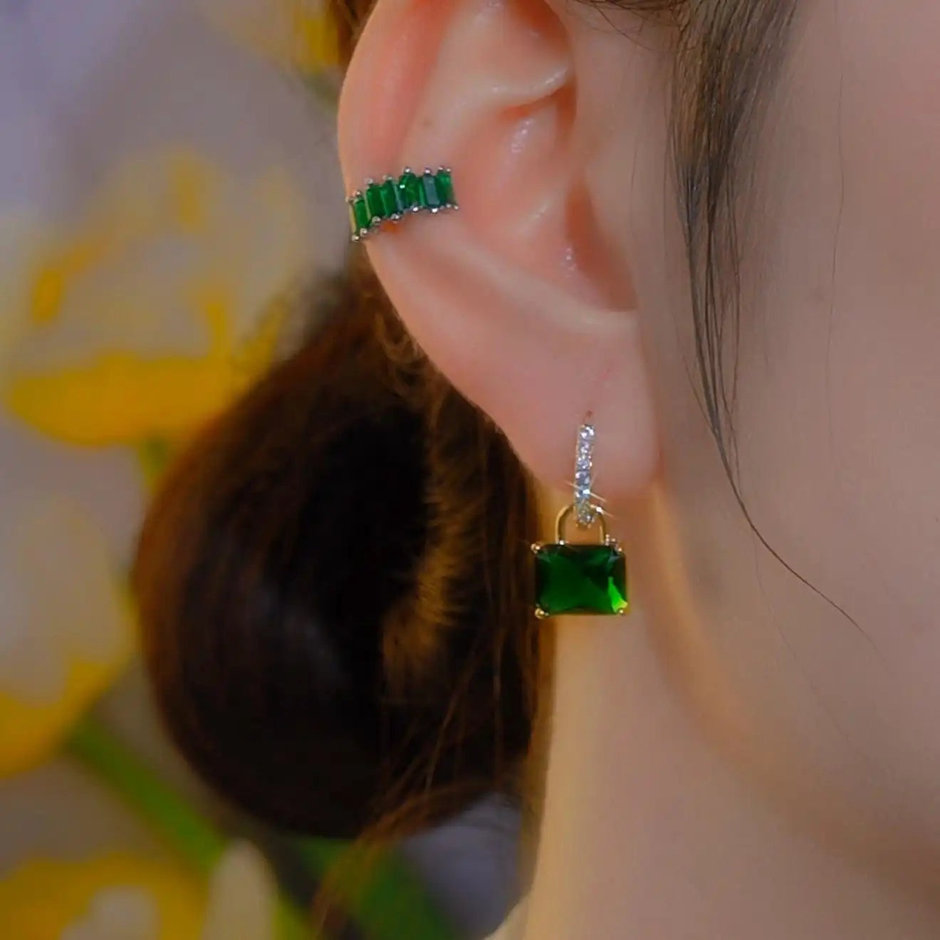 Green Square Hoop Earrings
