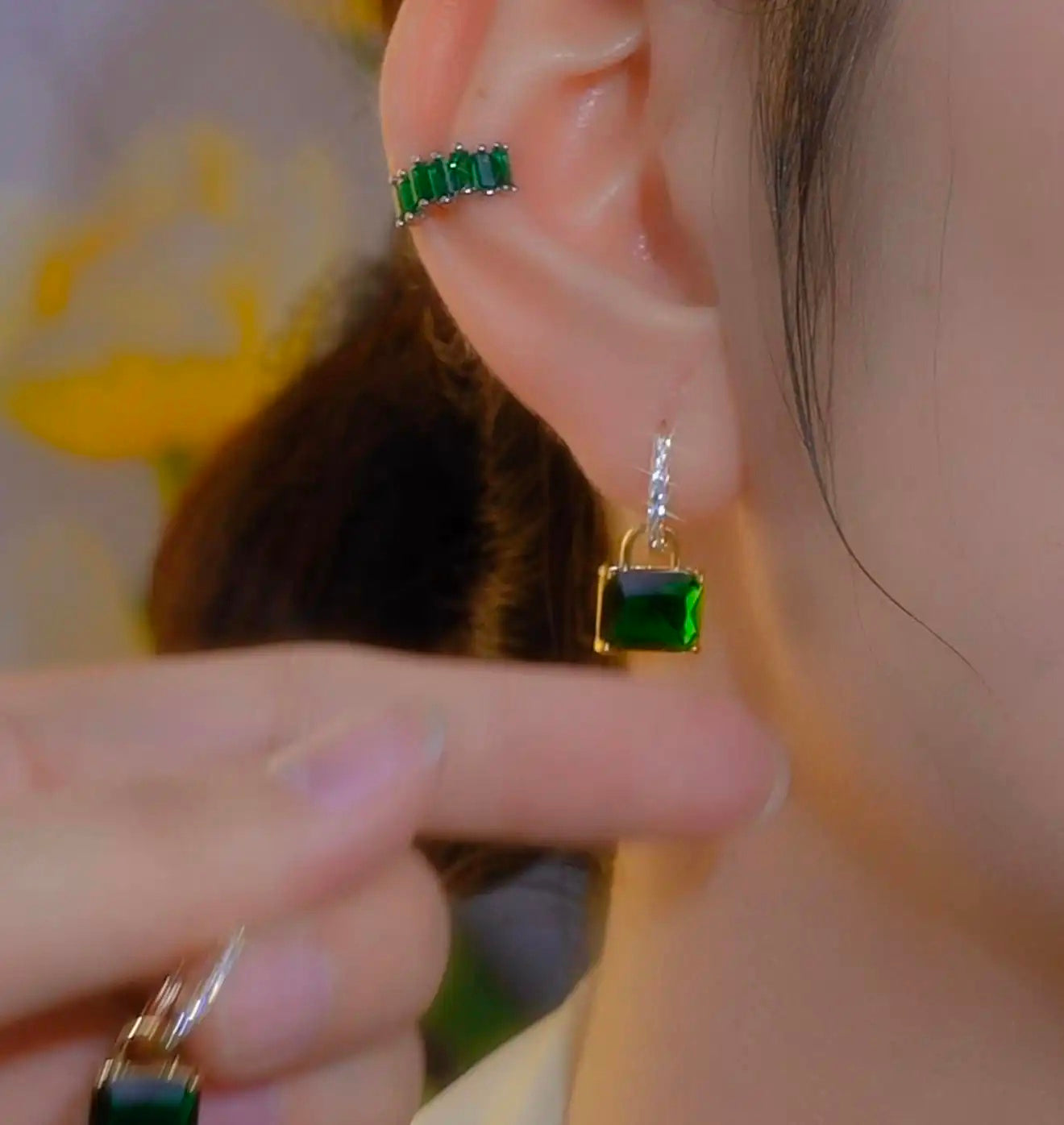 Green Square Hoop Earrings