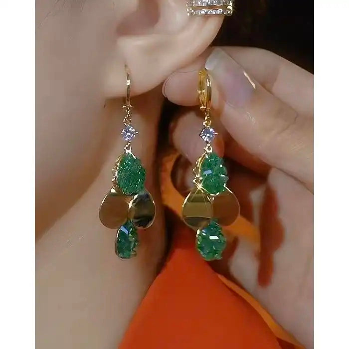 Green Square Teardrop Clip-On Drop Earrings
