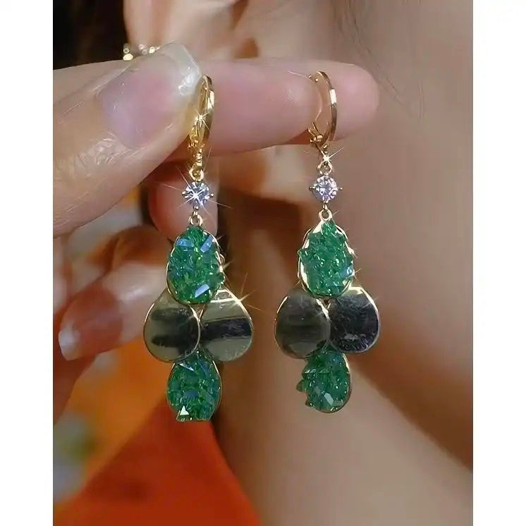 Green Square Teardrop Clip-On Drop Earrings