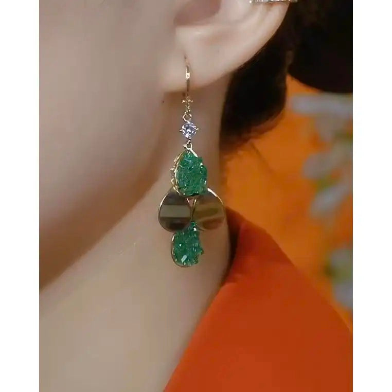 Green Square Teardrop Clip-On Drop Earrings